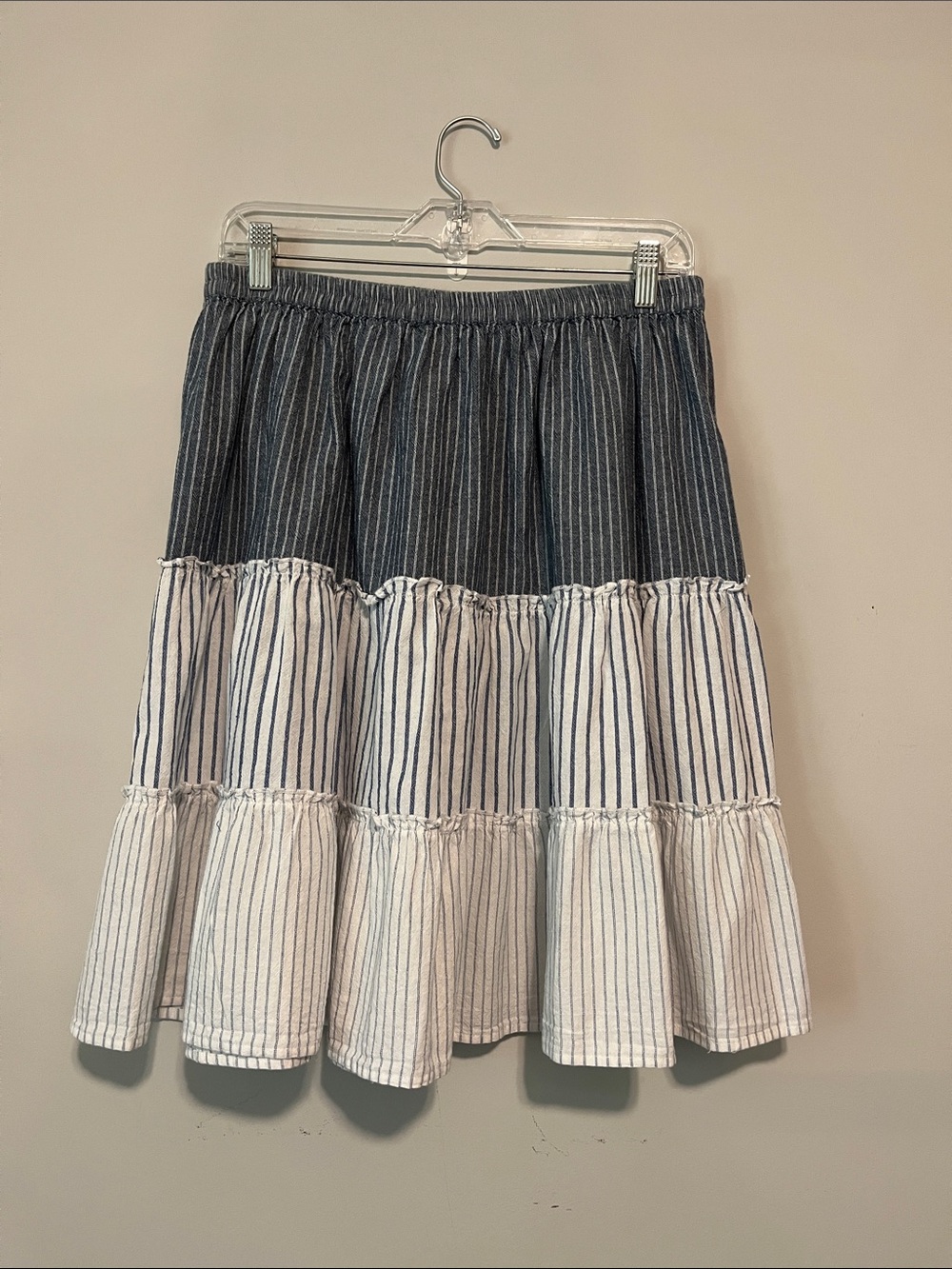 Striped Tiered A-Line Skirt in Navy and White